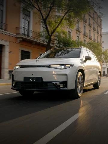 Leapmotor C10 blanco circulando en una avenida urbana